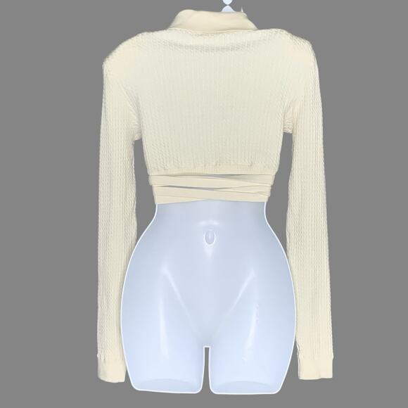 DANIELLE BERNSTEIN L NEW Knit Wrap Top Ivory Cableknit Crisscross - Picture 3 of 9